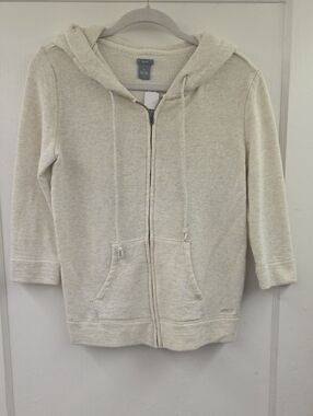Aerie Ivory Heather Full Zip Hoodie Glitter Drawstrings Logo Size Small